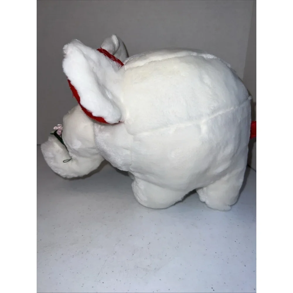 Vintage Walmart Plush White Elephant Red Polka Dot Bow Valentines Flower 10
